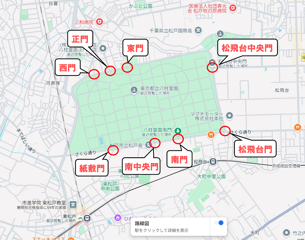 八柱霊園の各門まとめを少し拡大した図